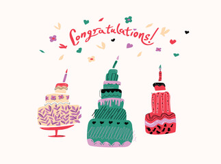 Vector illustration with three multi-colored cakes and the inscription "Сongratulations." A set of cartoon style elements for the design of greeting cards, children's parties. Scandinavian style.