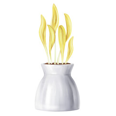 Sprouted grains of young corn in ceramic pot. Organic micro greens for healthy eating, natural dishes, salads. A plant for home cultivation in pots, landscaping of the infield. Isolated illustration