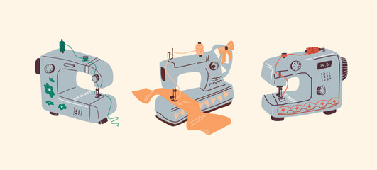 Vector set of three sewing machines. Cartoon elements for the design of advertising brochures, book illustrations, greeting cards. Theme of hobby and creativity. Scandinavian illustration style.