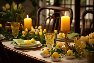 Easter Candlelight Dinner: A table set with candles and Easter-themed decor, creating a cozy atmosphere for a holiday dinner. Easter,