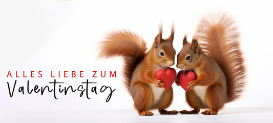 Alles Liebe zum Valentinstag, Grußkarte mit deutschem Text - Niedliches stehendes Eichhörnchen Päärchen hält rotes Herz , isoliert auf weißem Hintergrund