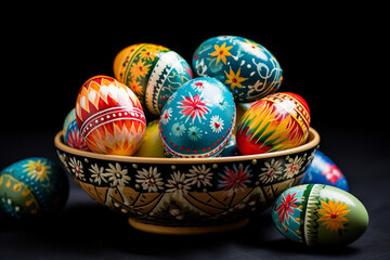 Fototapeta na wymiar Colorful Egg Basket: A beautifully arranged basket filled with intricately decorated Easter eggs in various hues and patterns. Easter,