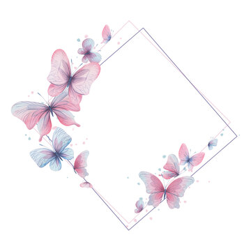 Butterflies are pink, blue, lilac, flying, delicate with wings and splashes of paint. Hand drawn watercolor illustration. Frame rhombus, template, wreath on a white background, for design.