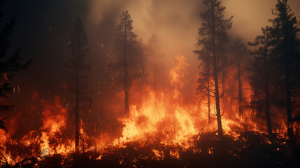 A forest in flames with smoke engulfing the sky.