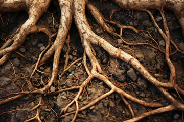 Nature's design Close-up of tree roots in brown soil, revealing an intricate underground texture. ai generative