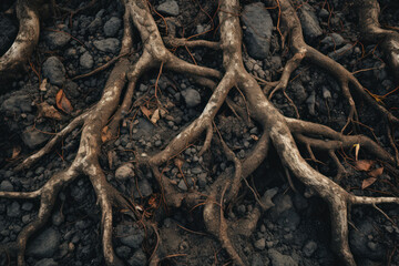 Close-up of tree roots in soil, showcasing the intricate underground texture. Nature and environmental concept. ai generative