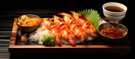 Japanese sushi tempura ingredients served on a bamboo tray with Kuruma prawns.