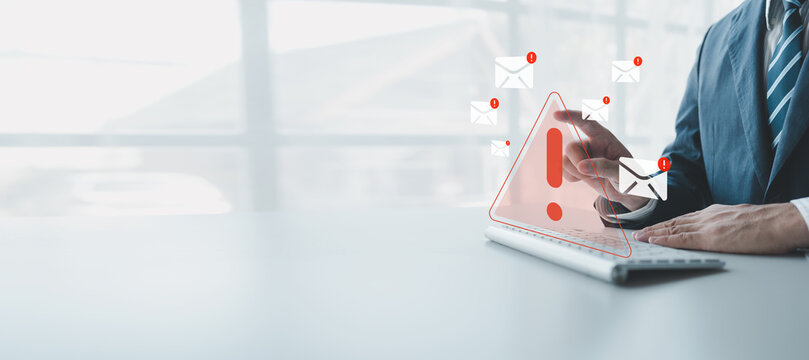 Spam email inbox notification, virus detection sent with email, warning to prevent computer virus infection, virus scanning, spam email dangerous equipment, warning symbol.