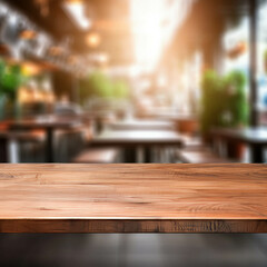 Empty wooden table top on a blurred coffee shop background. Ideal mockup for displaying your merchandise. ai generative