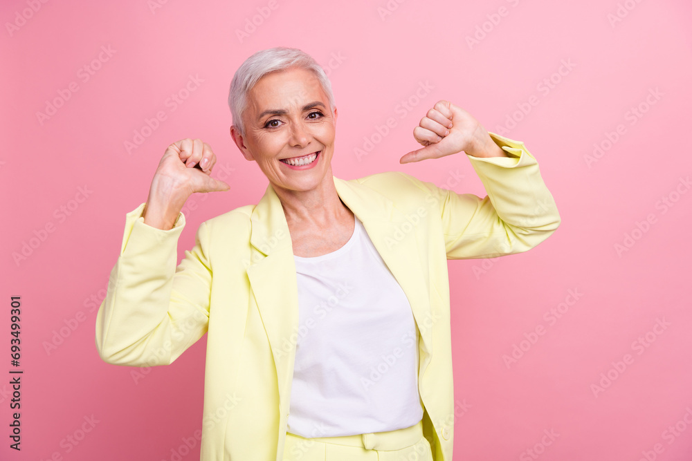 Sticker photo of gorgeous satisfied businesswoman wear yellow suit pointing thumbs herself toothy smiling bo