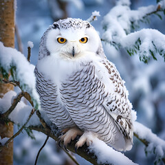 Majestic snowy owl perched on a branch in a snowy forest