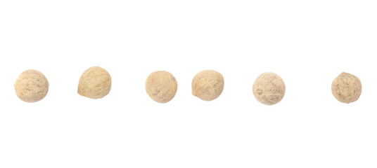 Dry white whole peppercorns set and collection macro, isolated on white, clipping path