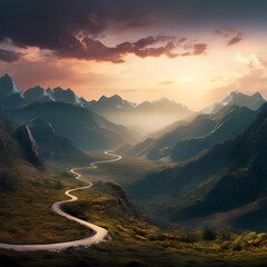 Mountainous landscape with a winding road disappearing into the distance