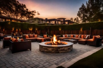architecture image of outdoor resort lounge fire pit in courtyard. - obrazy, fototapety, plakaty