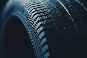 new car tyre closeup on a dark background, studio shoot, road safety concept - obrazy, fototapety, plakaty