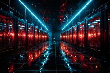 futuristic global data processing center, infrastructure for telecommunications and internet technology with virtual reality, digital future, cyberspace visualization, illumination