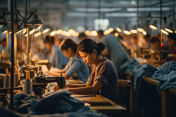 Women work at a large clothing factory - obrazy, fototapety, plakaty