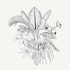 Vintage floral composition with line exotic tropical leaves and flowers on white. Romantic design for natural cosmetics, perfume, women products. Can be used for greeting card, wedding invitation.