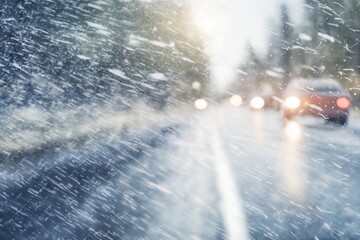 traffic on the background of a snowstorm in winter, a snow-covered road, safety concept on a slippery road