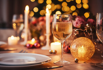 Champagne glasses on a festive table set up to celebrate Christmas and New Year on the background of twinkling lights, Christmas tree. Christmas and New Year party, winter holidays concept.  