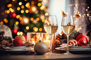 Champagne glasses on a festive table set up to celebrate Christmas and New Year on the background of twinkling lights, Christmas tree. Christmas and New Year party, winter holidays concept.  