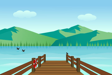 Seashore wooden pier with lake and mountains on sunny day. Vector illustration. - obrazy, fototapety, plakaty