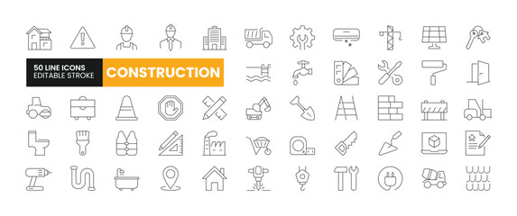 Set of 50 Construction line icons set. Construction outline icons with editable stroke collection. Includes Engineer, Labour, Shovel, Villa, Drill Machine and More.