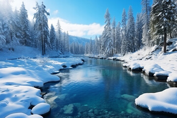 Blue river and forest with snow scenery