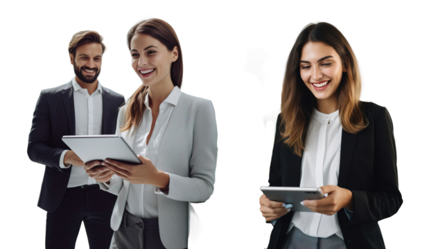 A woman and a man are managers, a marketer uses a tablet computer, a couple of business people use the Internet working in an office online on a new project, transparent background