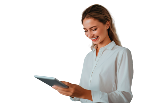 A female marketer with a tablet in a shirt uses the Internet to work online on a new project, transparent background. - Powered by Adobe