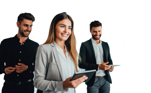 Young managers and successful entrepreneurs in business clothes use a tablet, transparent background.