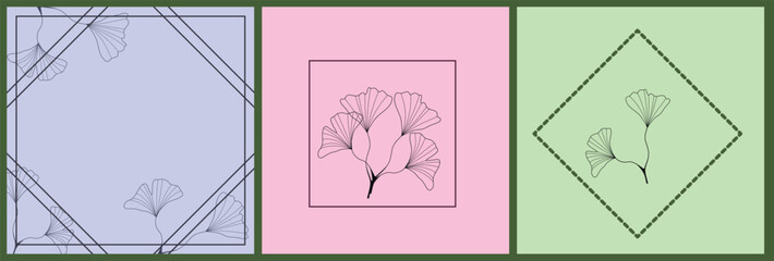 Postcards with ginkgo biloba, tree leaves in frames, banner