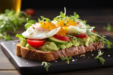 Set of breakfast sandwich bread with avocado, tomatoes, egg, radishes