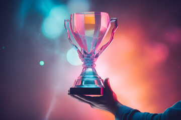 Winner's glass award trophy cup in hand with bright illumination - obrazy, fototapety, plakaty