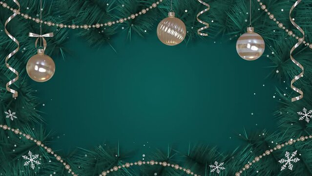 Christmas background with frame of fir branches and holiday decorations on a seamless loop