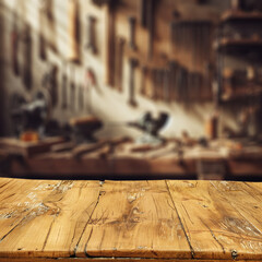 Desk of free space and blurred workshop background. Empty space for your decoration.  - 693502108