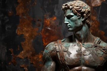 A beautiful ancient bronze greek, roman stoic male statue, sculpture on a copper backdrop. Great for philosophy quotes.