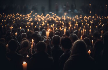 Fototapeta na wymiar Candlemas. Light of the world. Christian Holiday. People holding candles in a church during a religious procession, selective focus