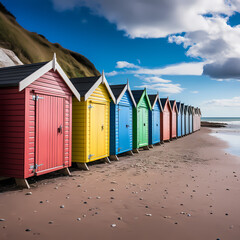 Obraz na płótnie Canvas Row of beach huts with colorful doors along a sandy shoreline