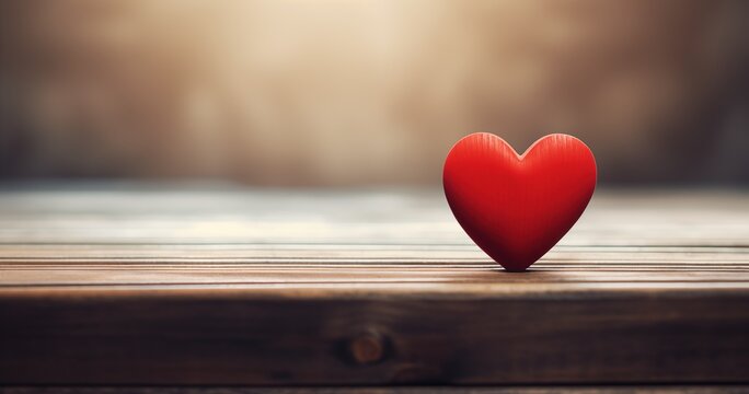 Red heart on wooden table with copy space. Valentines day background