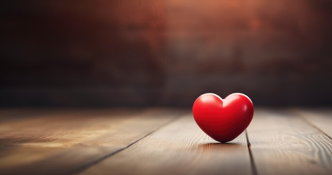 Red heart on wooden floor with copy space. Valentines day background