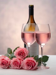Bottle and two glasses of rose wine and bouquet of pink roses.