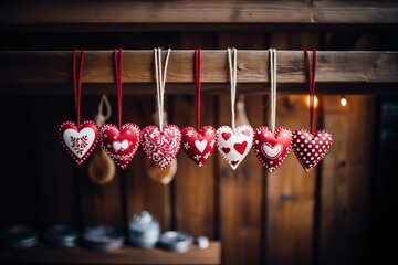 Valentine's day hearts on a rope on a wooden background