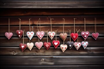 Valentine's day hearts hanging on a rope on wooden background