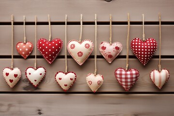 Valentine's day hearts on a rope on a wooden background