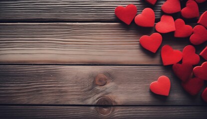 Valentines day background with red hearts on brown wooden board with Copy Space