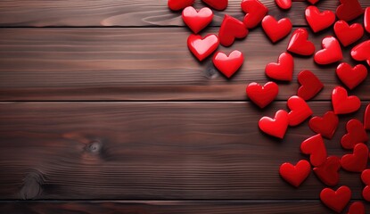 Valentines day background with red hearts on brown wooden board with Copy Space
