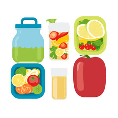 set of food and drinks