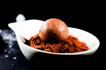 Trufa de chocolate colocada sobre una cama de cacao en polvo en un plato blanco, resaltando el contraste entre el cacao y el brillo de la trufa. Ideal para amantes del chocolate.