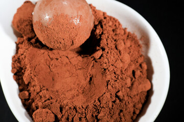 Trufa de chocolate sobre una cama de cacao en polvo en un plato blanco, destacando la textura y el contraste entre el cacao y la suavidad de la trufa. Ideal para amantes del chocolate gourmet.